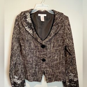 Nine & Co. Black and Beige Tweed Blazer with Floral Lace Detail